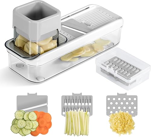 KEOUKE Cortadora de ajo, mini mandolina, trituradora de verduras, molinillo de ajo, mandolina vegetal multifuncional con contenedor 3
