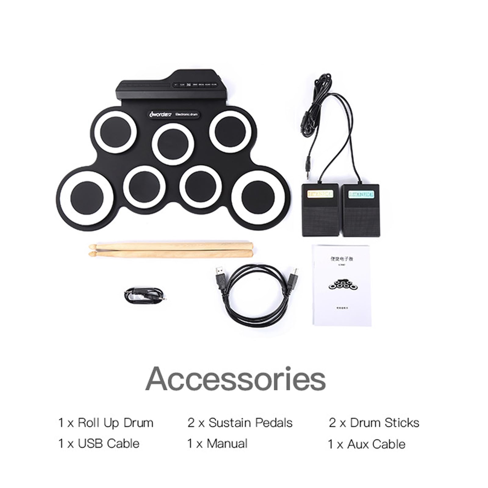 Juego de batería electrónica de 7 almohadillas enrollables para práctica, altavoces integrados, auriculares USB, para niños y adultos principiantes