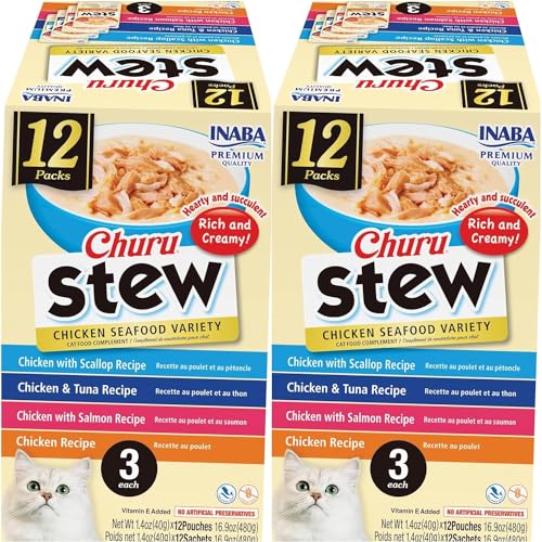 INABA Churu Stew for Cats, Creamy Broth Gelée with Shredded Chicken Side Dish Pouch, 1.4 Ounces per Pouch, 24 Pouches Total, Chicken & Seafood Variety