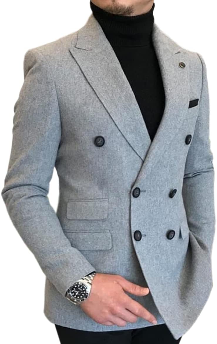 Dennis Dress Suit Jacket for Men Wool Blazer Suit Slim Fit Double Breasted Business Jacket Suit Tweed
