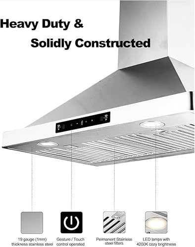 Miniatura 4 de Campana extractora de montaje en pared de 30 pulgadas, 800 CFM, con motor de CC, campana de ventilación de acero inoxidable con ventilador de escape