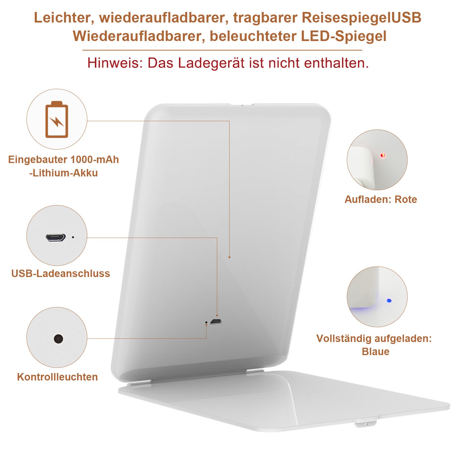 FASCINATE Kosmetikspiegel mit Beleuchtung, Wiederaufladbarer LED Schminkspiegel mit 3 Lichtfarben, Vergrößerungsspiegel Helligkeit einstellbar