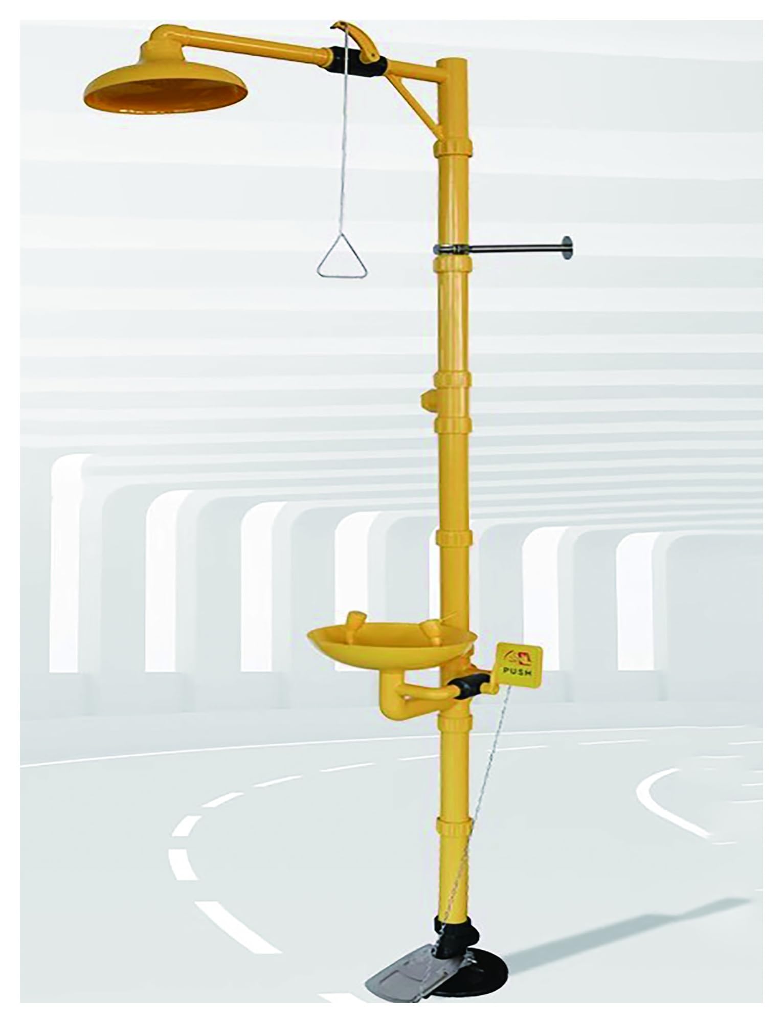 Estación lavaojos con ducha de emergencia Estación lavaojos combinada con ducha de seguridad, rosca NPT, con señal de emergencia(Pedal model)