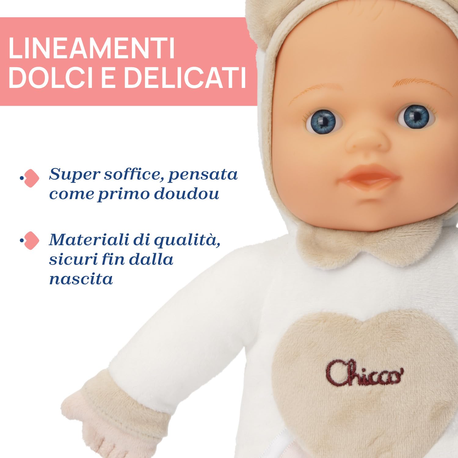 Chicco Gioco La Mia Prima Bambola, Bambola Bambina con morbido cuore Massaggiagengive per la Dentizione, Soffice e Leggera, Lavabile in Lavatrice, Giochi Bambini 0 Mesi +, Idea Regalo Neonato, Neutro
