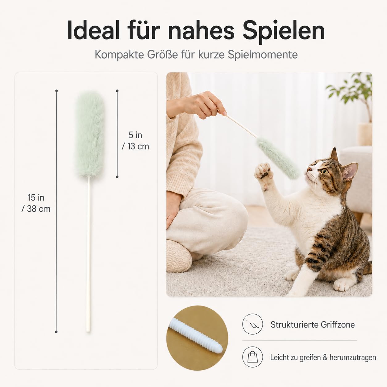 Katzenspielzeug Set – 5X Katzenangel mit echtem Hasenfell – Handgefertigte Spielangel für Katzen – Weiches Federspielzeug für Jagdspaß – Interaktives Spielzeug für Hauskatzen