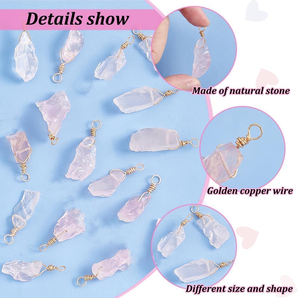 FINGERINSPIRE 16 Pcs About 28 mm Natural Rose Quartz Pendants Bulk Irregular Light Pink Quartz Charms with Real 18k Gold Wire Wrapped Nuggets Healing Crystal Stone Pendent for Valentine's Day Jewelry Making - Image 4