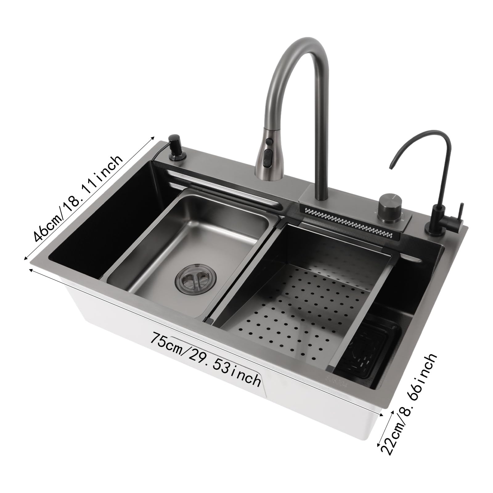 75x46x22cm Fregadero de Cocina,Fregadero de Cascada de acero inoxidable,con grifo extraíble de agua fría/caliente,escurridor,tabla de cortar,filtro de agua,Fregadero de un solo cuenco,Negro