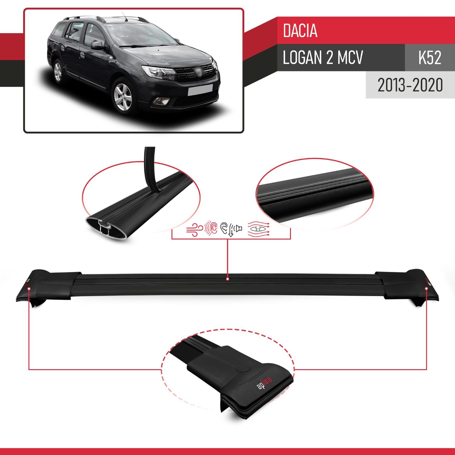 Compatibile con Dacia Logan 2 MCV (K52) 2013-2020 Modello FLY Barre Tetto Portapacchi Auto Barre Portatutto Nero Alluminio 2 Barre
