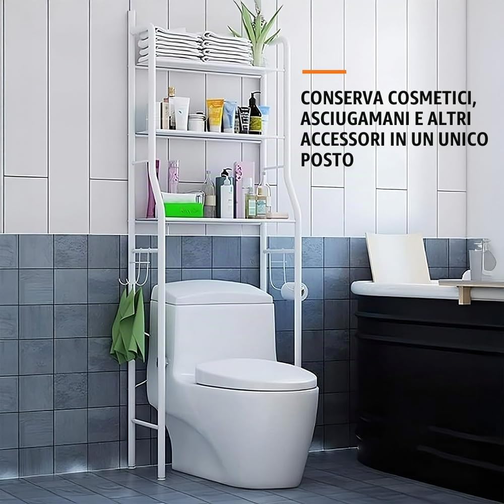 Mensola da bagno su WC – 3 ripiani – Scaffale in metallo bianco per accessori da bagno, asciugamani, prodotti per la pulizia – Mensola salvaspazio su WC o lavatrice