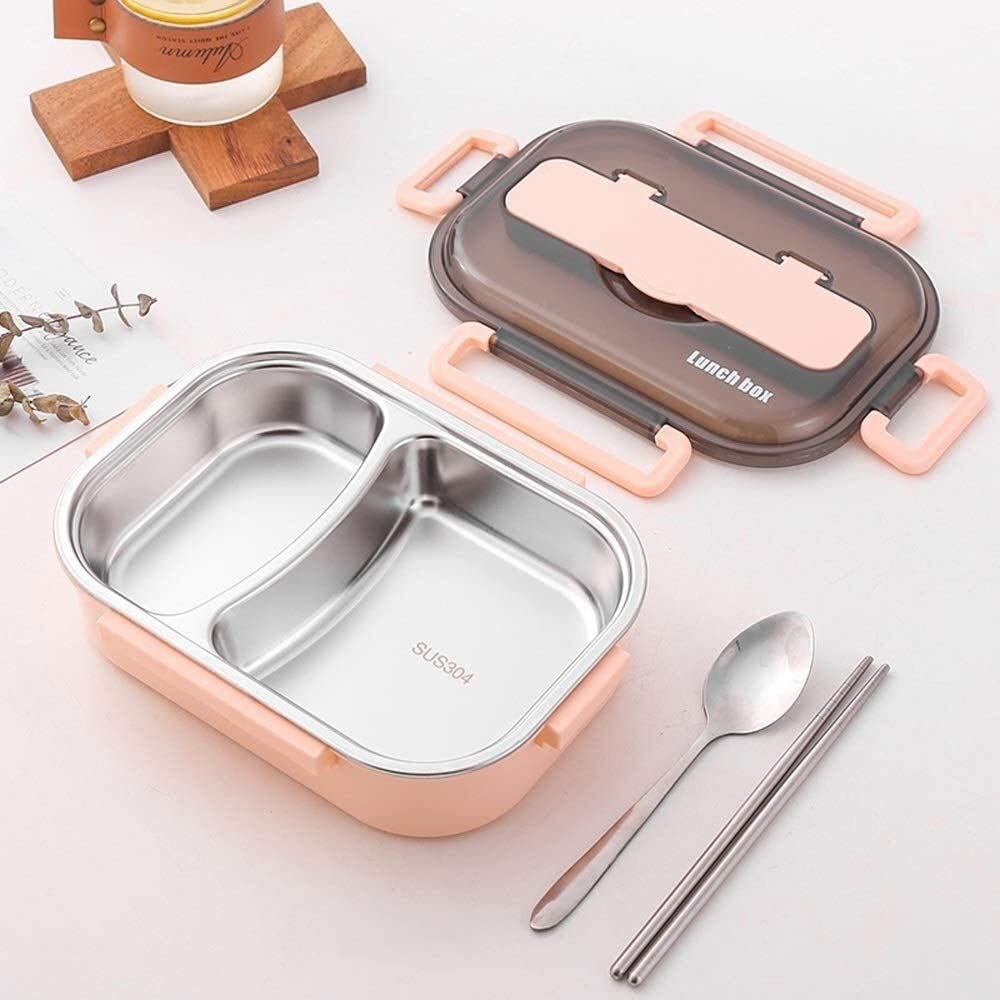 Fiambrera Bento Box de 2 compartimentos, contenedor almacenamiento hermético acero inoxidable, apto para(Pink)