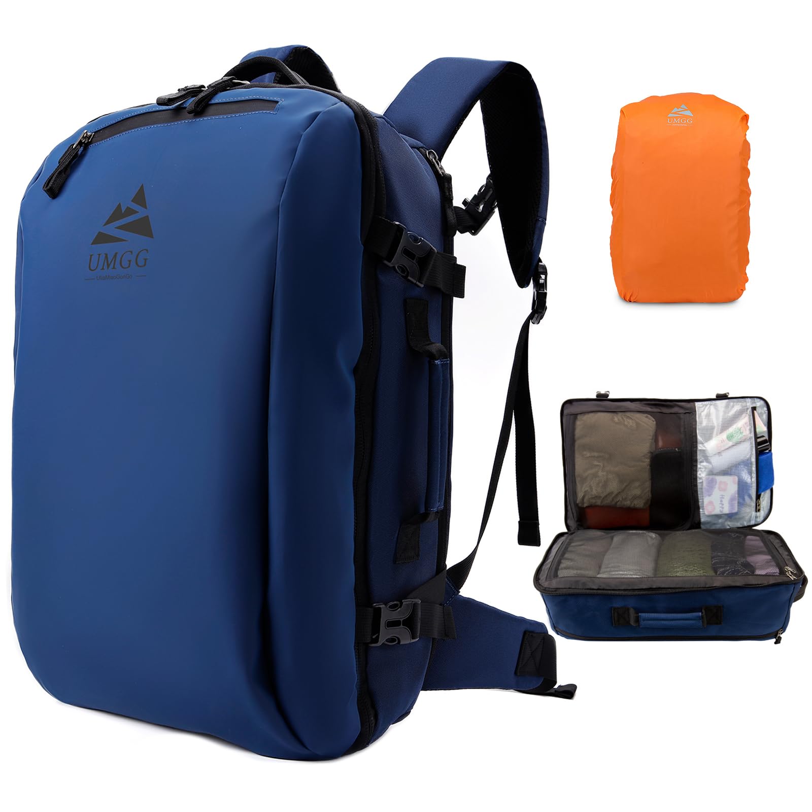UtiaMiaoGonGo Groß Reiserucksack Herren 40L, TSA Freundlich Handgepäck Rucksack mit Regenabdeckung, 17 Zoll Laptop Travel Backpack Wasserabweisend Kabinenrucksack für Reise Weekender Trip Blau