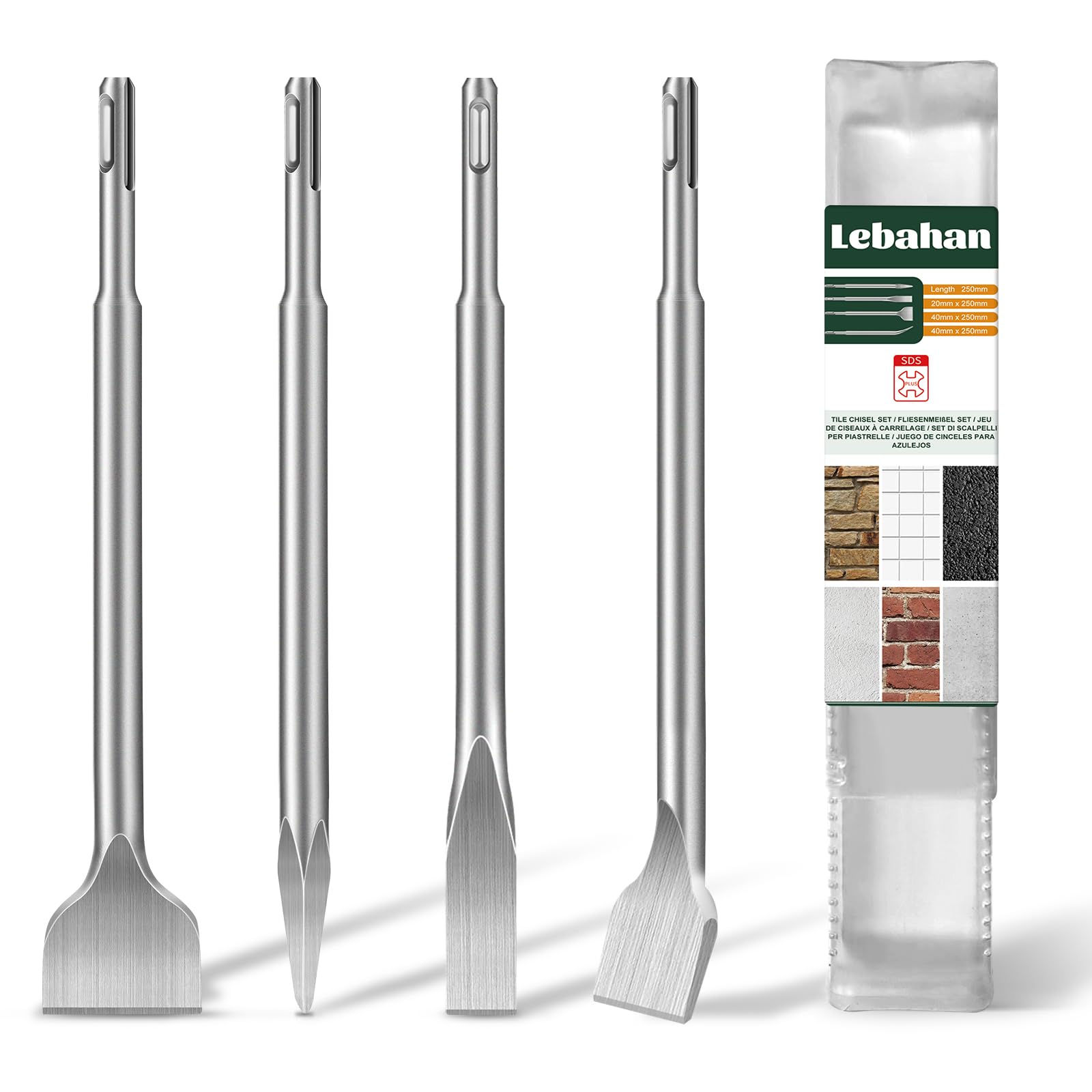 Cincel SDS Plus, 4 Piezas,1 x Cincel Puntiagudo, 1 x Cincel Plano, 2 x Cinceles para Azulejos, Cincel Profesional para Todos Los Martillos de Impacto y Rotativos SDS Plus