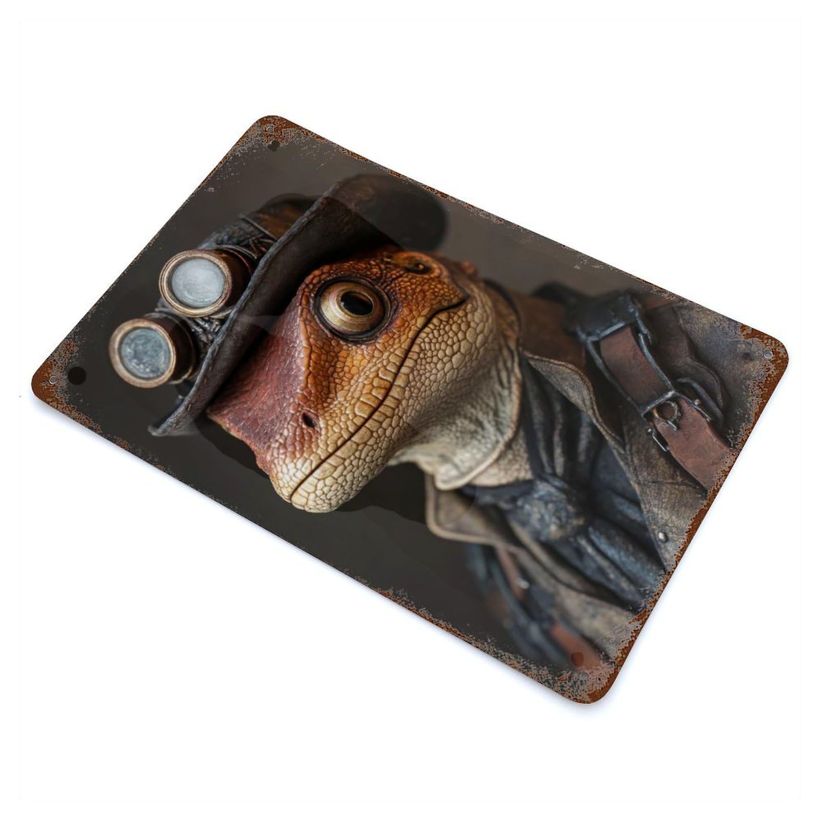 Steampunk Lizard Portrait Weathered Tin Sign 11.8"x7.9", Rustic Home Decor for Office, Studio And Wall Decor