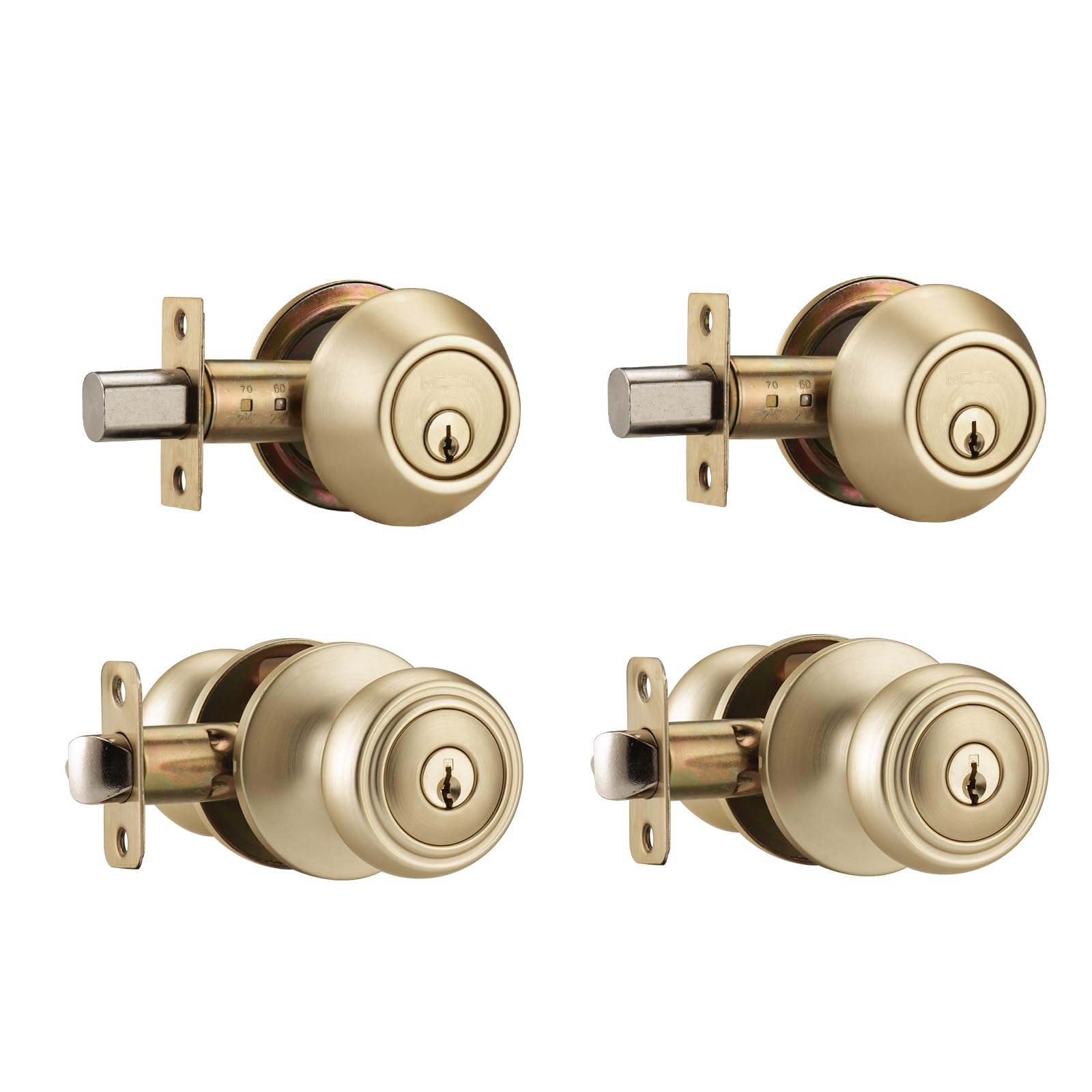 Ncsen Satin Brass Brushed Gold Door Knobs With Lock, 2 Pack Exterior Door Lock Set With Deadbolt Keyed Alike, Coastal Style Exterior Door Knob For Bedroom