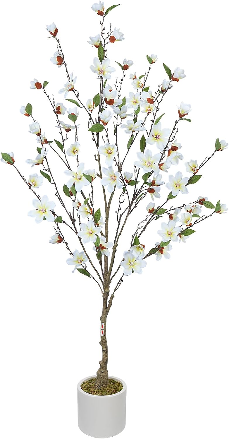 5FT Artificial Tree in White Planter Pot Faux Plants Indoor Faux Floor Plant Artificial Plants with Magnolia Flowers for Home Office Patio Decor Artificial Camellia Tree
