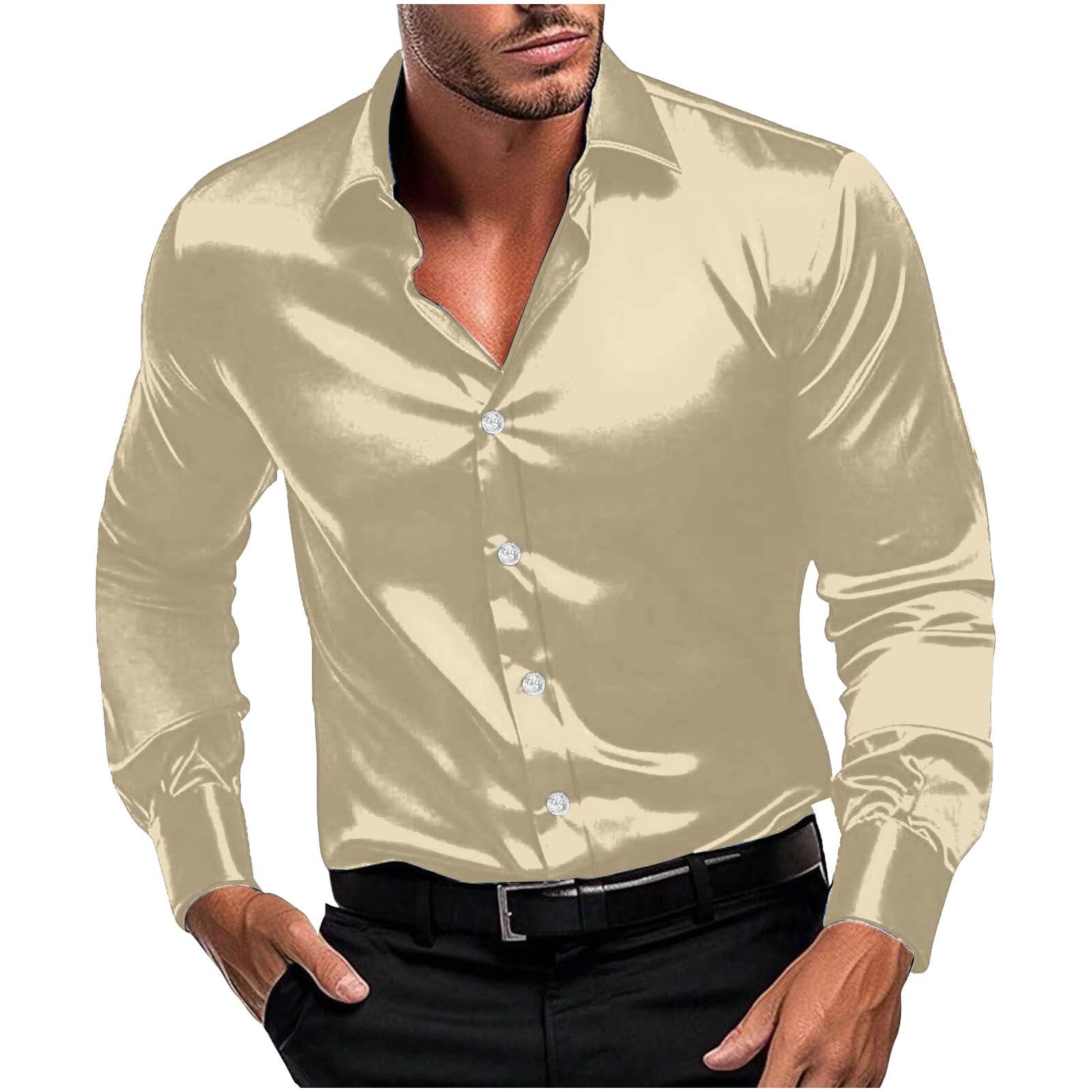Men Long Sleeve Satin Dress Shirt Shiny Embroidery Silk Like Button Down Casual Luxury Prom Wedding Party Disco Solid