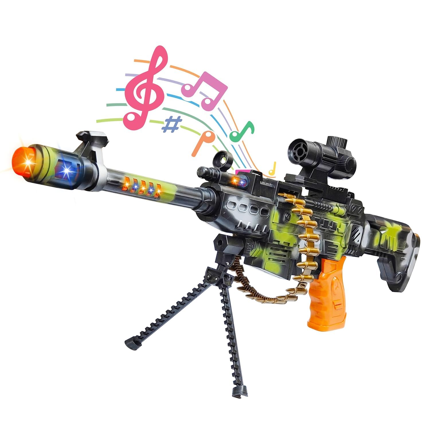 Kidoyz Revolving Machine Gun Toy with Stand and Carry Strap, Flashing Lights & Sound Effect | Army Printed/Multi Color