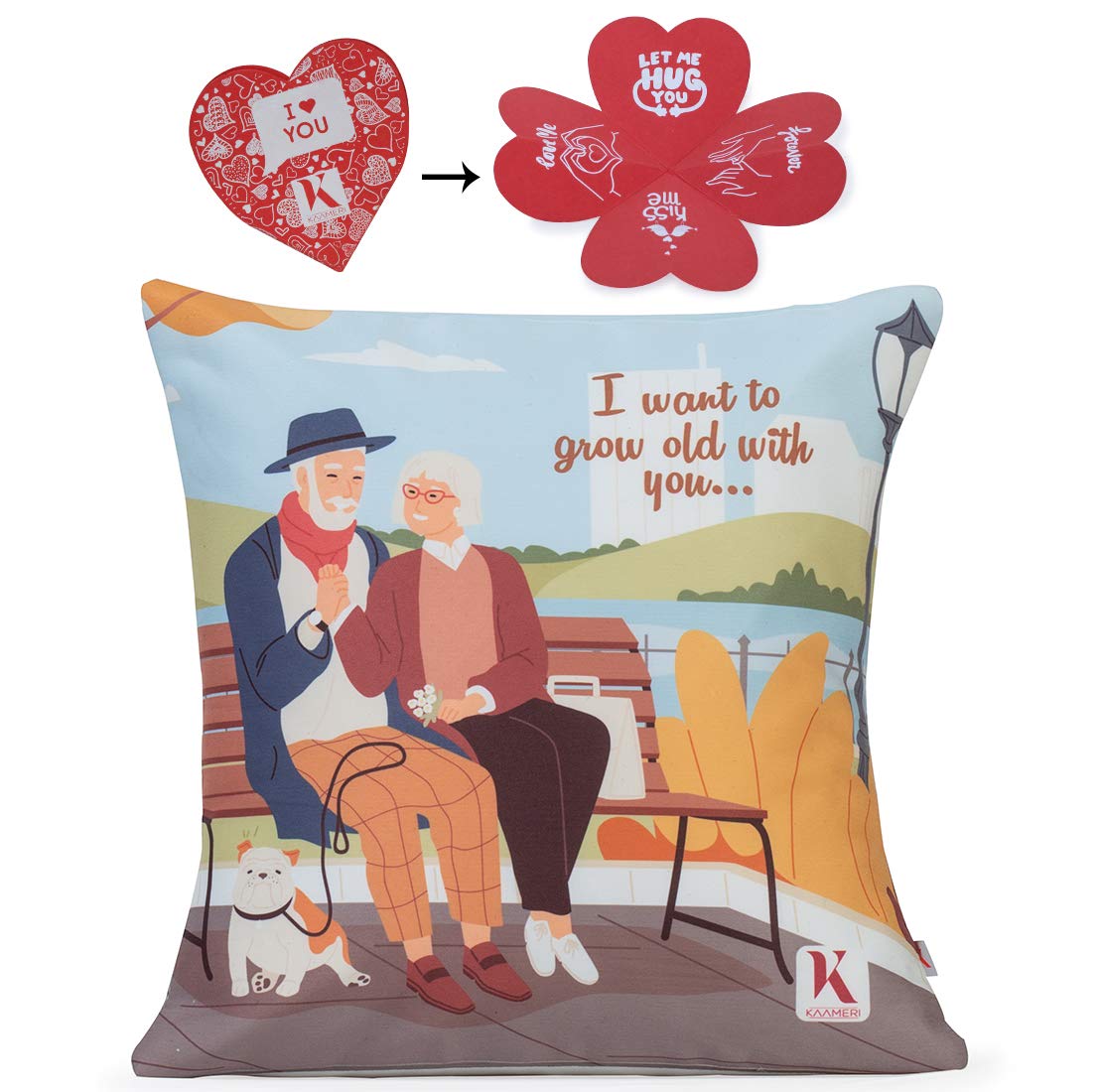 Next Bazaar Micro Satin and Fibre Romantic Couple Sitting on a Bench and Smiling with i Want to Grow Old with You Quote Printed Cushion Cover with Filler(Red 12 x 12)