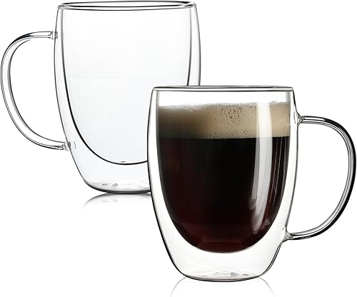Aurzen Paquete de 2 tazas de café de vidrio de doble pared con asas, tazas de café de gran capa aislada, tazas de borosilicato transparente,