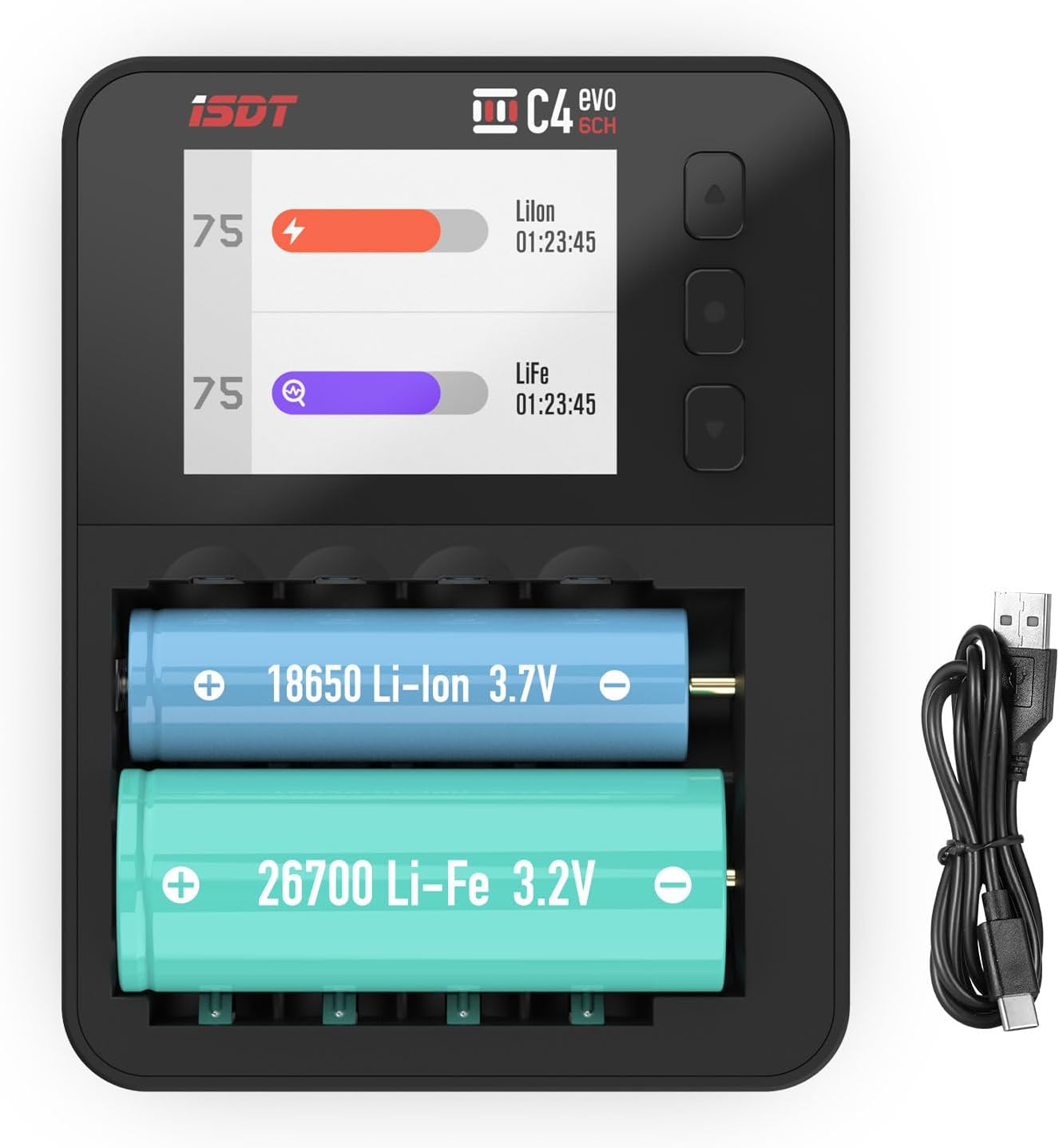 C4 EVO Battery Charger Analyzer, Smart AA AAA 18650 Rechargeable Charger with LCD Display, Cycle/Analyze Modes, Adjustable Current, USB-C Fast Charging