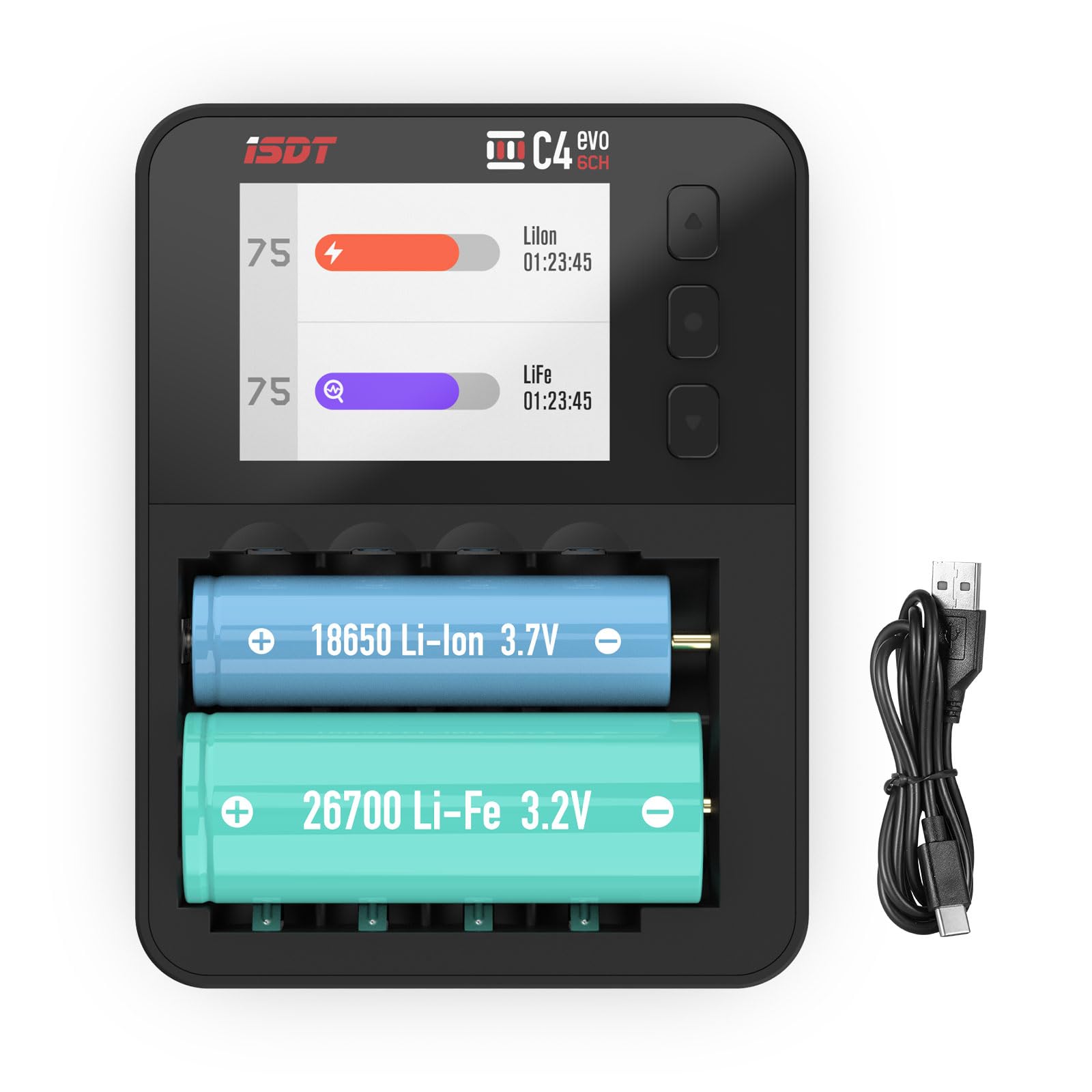 ISDT C4 EVO Smart 18650 Battery Charger with Type-C QC3.0 Output for 18650/AA/AAA Li-ion Battery with IPS Display Screen and Fire Preventionn Material (Black)