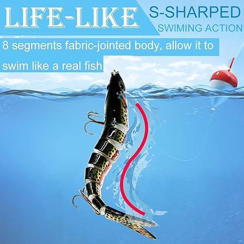 Miniatura 5 de LASOCUHOO Señuelos de pesca para trucha de lubina, cebos multiarticulados, cebo de hundimiento lento para agua dulce, agua salada, kit de señuelos