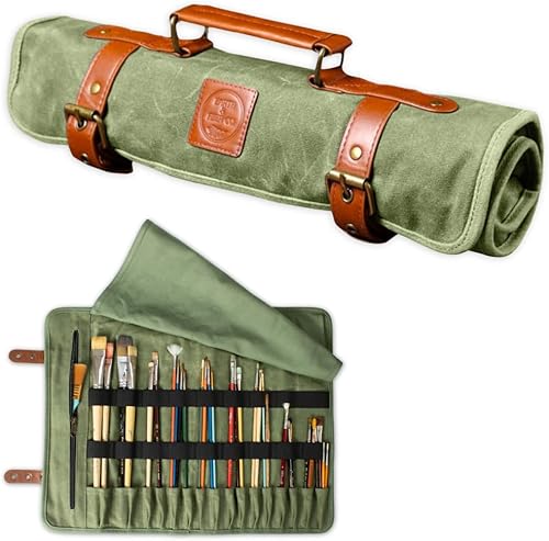 Porta pinceles de lona encerada y cuero - Bolsa de arte para pintura, dibujo y suministros de arte - Suministros de pintura y suministros de arte