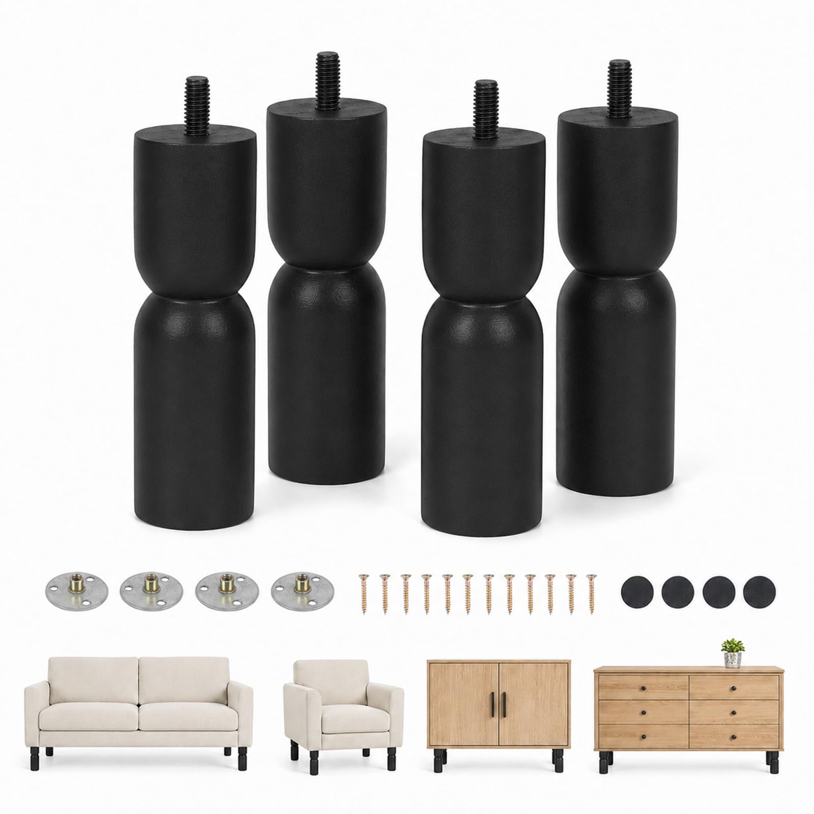 Wooden Furniture Legs Set of 4, 13 x 4 cm Cylindrical Black Sofa Feets
