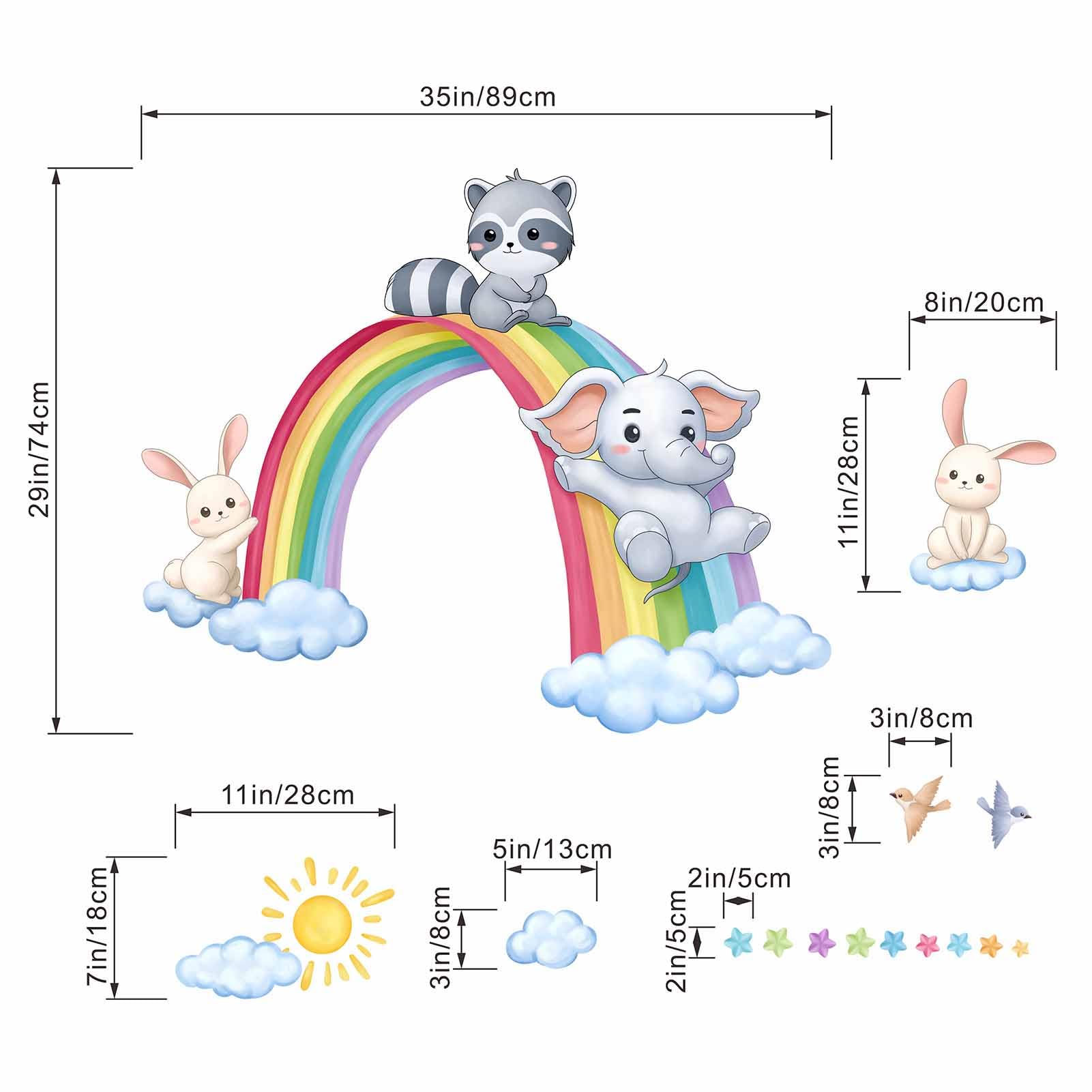 PinkEleph Rainbow Animal Wall Stickers, Elephant Rabbit Raccoon Wall Decals - Image 4