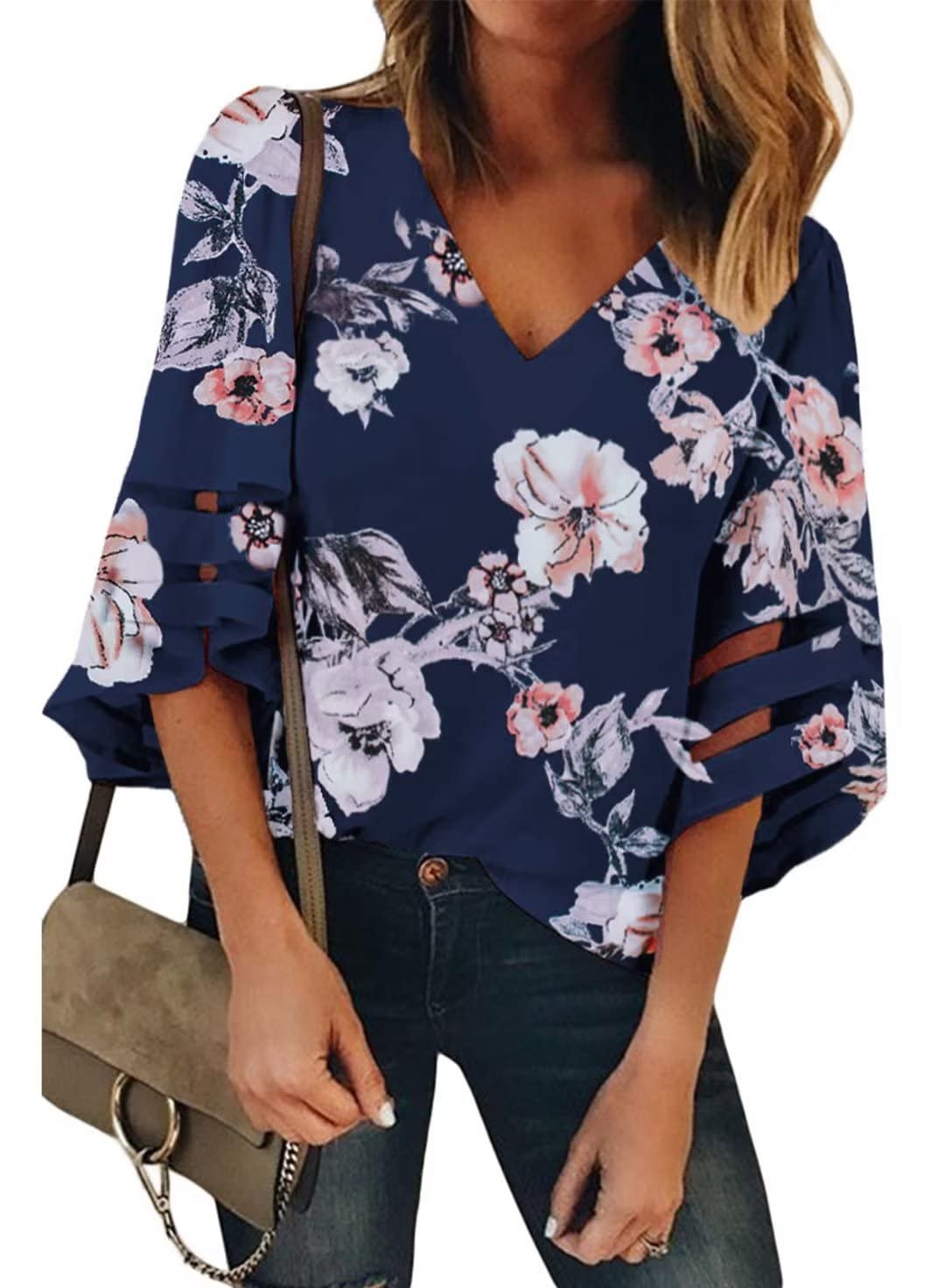 BLENCOTWomen's V-Neck 3/4 Sleeve Shirt Mesh Panel Blouse Loose Solid Color Button Front Tops Blouse