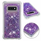 Lijc Kompatibel mit Samsung Galaxy S10 Hülle Liquid Quicksand Transparent Four Corners Anti-Fall TPU Stoßstange Weiches Silikon Stoßfeste Abdeckung-Buntes Lila Love-Herz