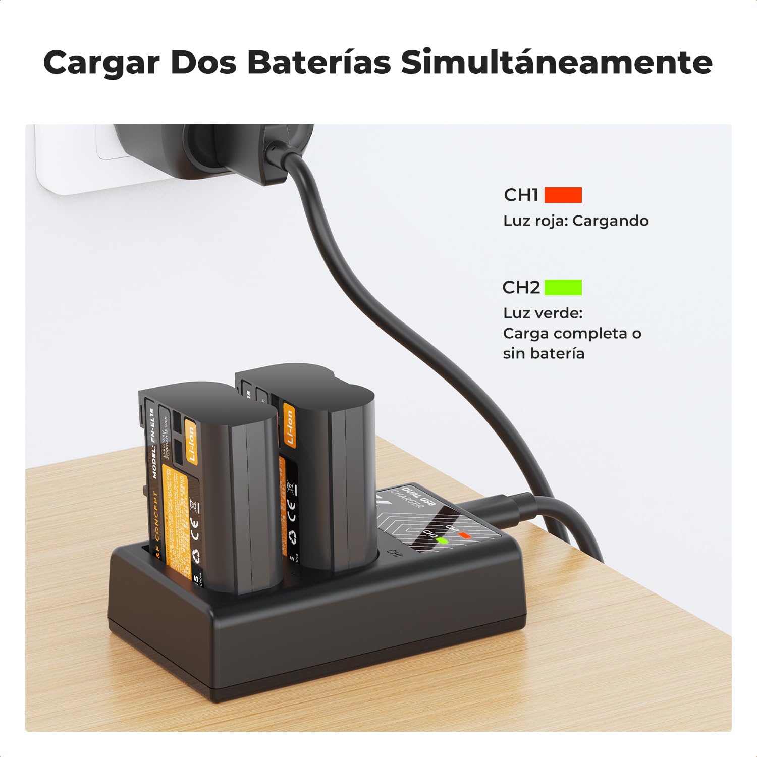 K&F CONCEPT Baterías EN-EL15/15A/15B Compatible con Nikon D7500/D850/D810/D750/D500, Z5/Z6II/Z7II, 2 Baterías 2100mAh, Cargador Dual USB-C/Micro USB