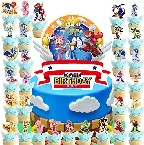 TTCR 30PCS Sonic Cake and Cupcake Topper, Sonic Cake Decorations for Kids Birthday Baby Shower Sonic Party Supplies