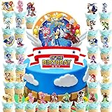TTCR 30PCS Sonic Cake and Cupcake Topper, Sonic Cake Decorations for Kids Birthday Baby Shower Sonic
