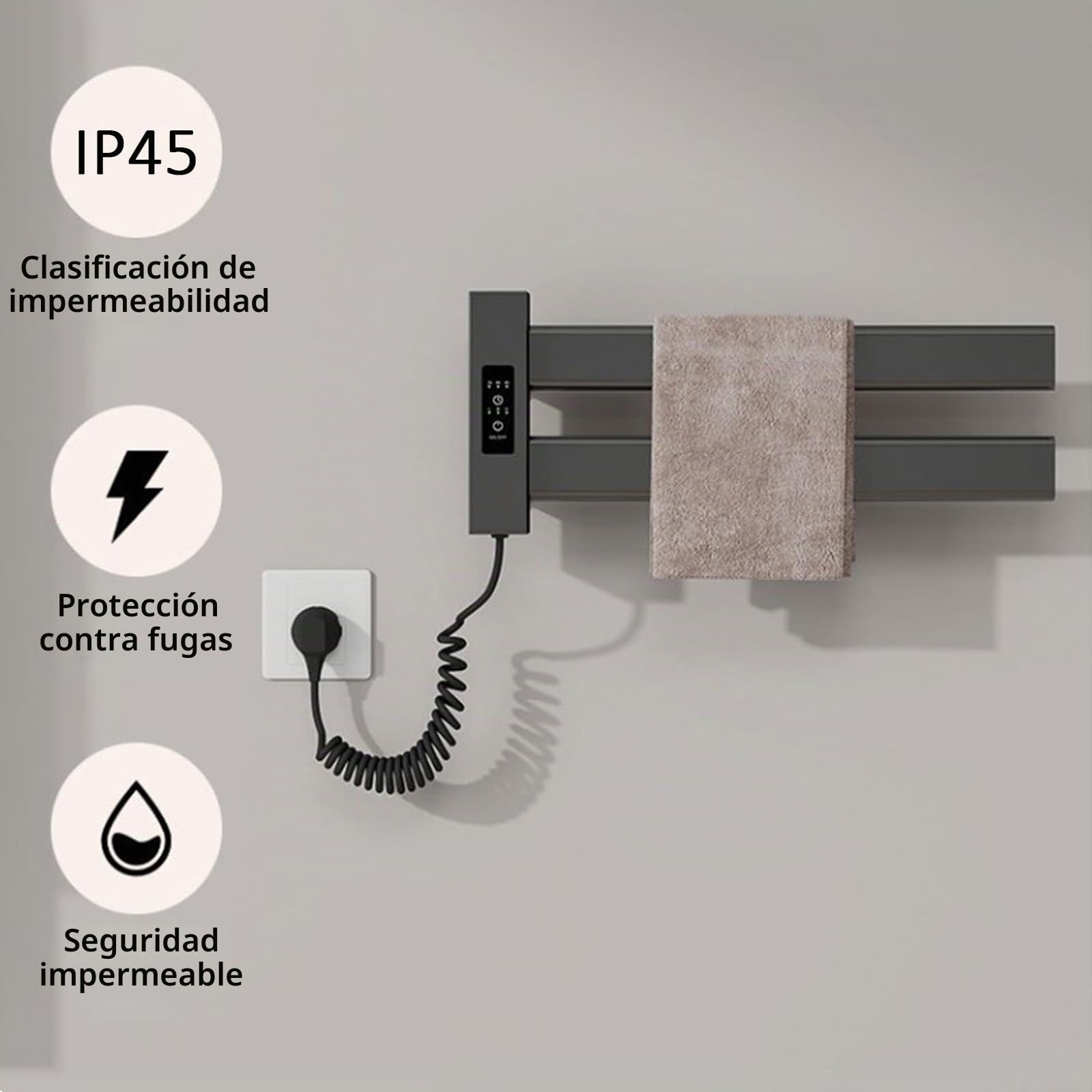 Toallero Electrico de Pared 450x180mm Radiador Electrico Bajo Consumo 50W Toallero de Paneles Radiador Calefactor para Baño con 2 Barras de Aluminio IP45 Temporizador Temperatura Ajustable