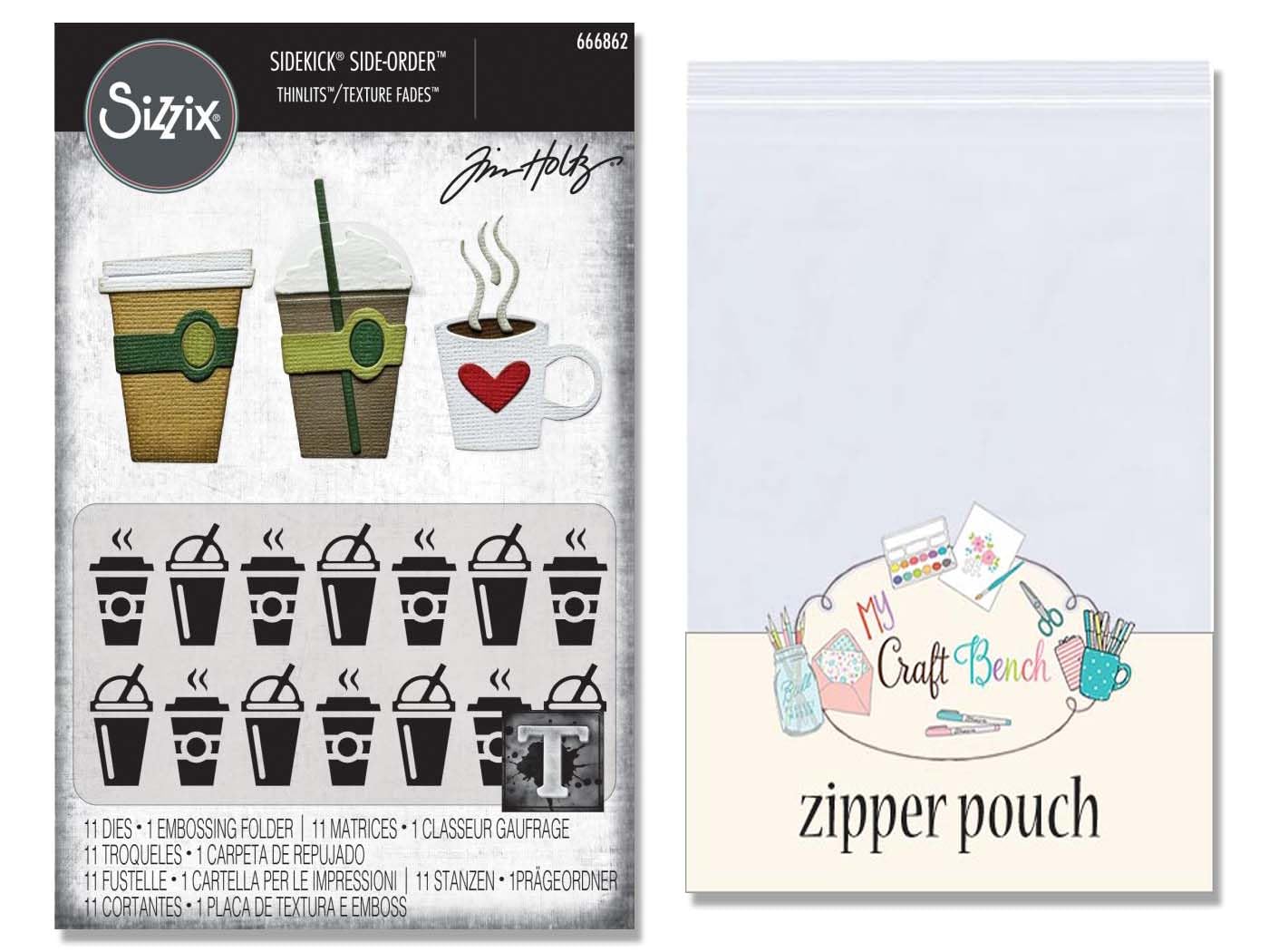 Sizzix 2D Embossing Folder & Thinlits Set Vault Side Order Fresh Brewed by Tim Holtz Bundle with MCB Storage Pouch - Bundle of 2 Items