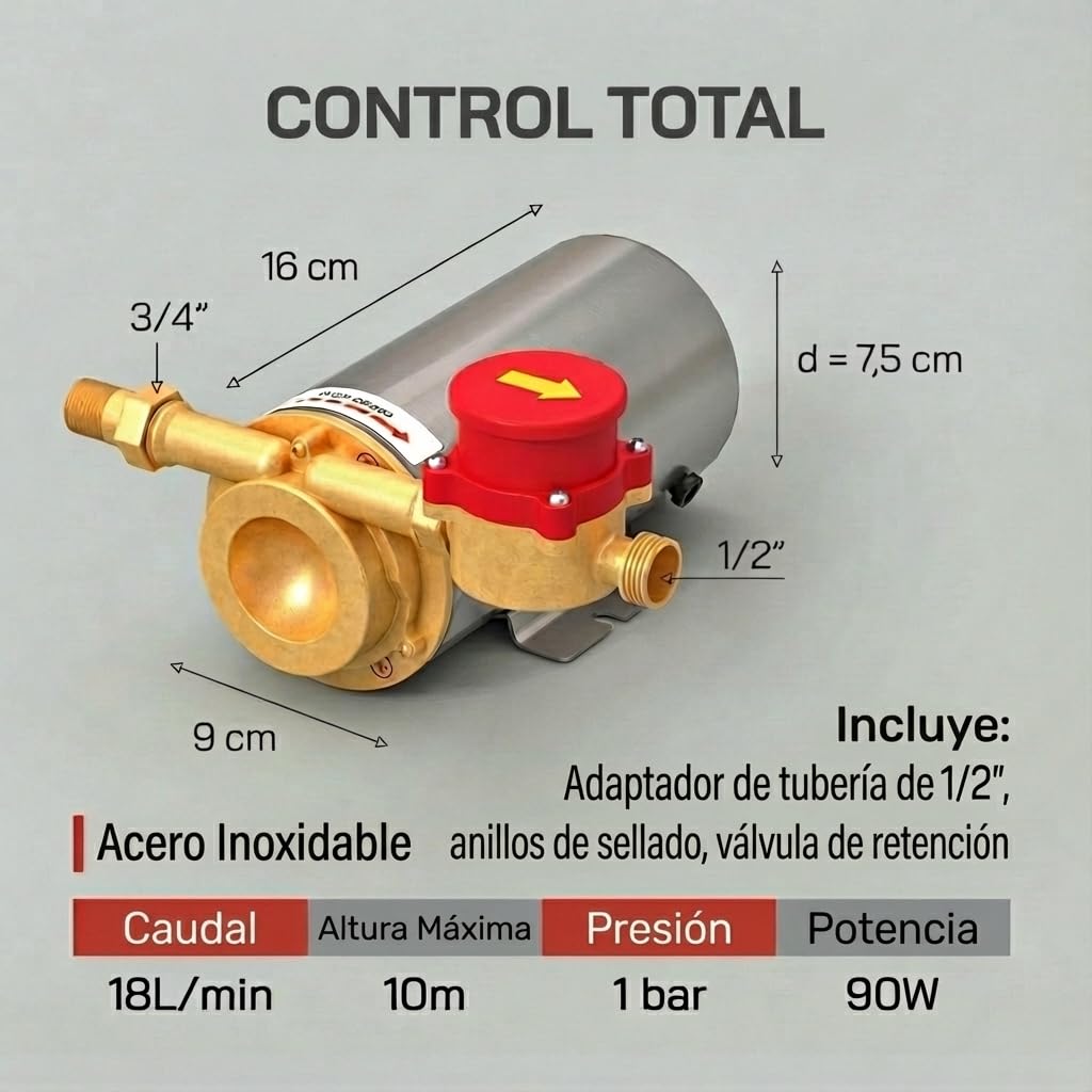 Nordstrand 90W Bomba de Ducha – Bomba Presurizadora de Agua 240V | 1 Bar, 18 L/Min | Acero Inoxidable para Agua Caliente (80°C) & Fría | Automática/Manual | Grifos, Duchas y Riego