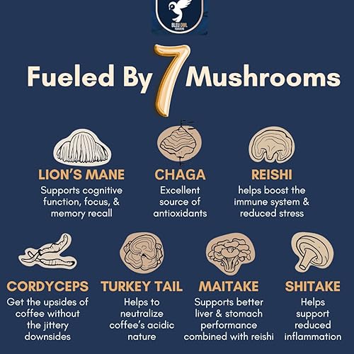 Miniatura 4 de Bleu Owl Instant Organic Mushroom Coffee - 7 Superfood Mushrooms for Gut Health Energy & Clarity - Arabica 35 servings, 2.5oz. - Lions Mane Chaga