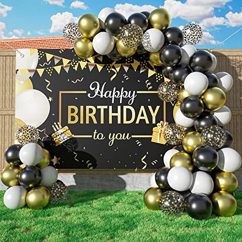 Décorations de fête d'anniversaire noires et dorées, 50 pièces noires et dorées, kit d'arche de ballons « Happy Birthday », bannière décorations pour garçons, filles, hommes, femmes, anniversaires Cover