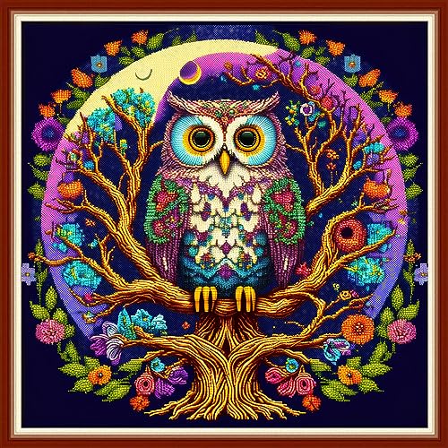 Image of Dimensean Stamped Cross Stitch Kits Full Range of Embroidery Patterns Starter Kits for Beginners Adult DIY Cross Stitches Needlepoint Kits 11CT-Colorful Owl 17.7x17.7 inch