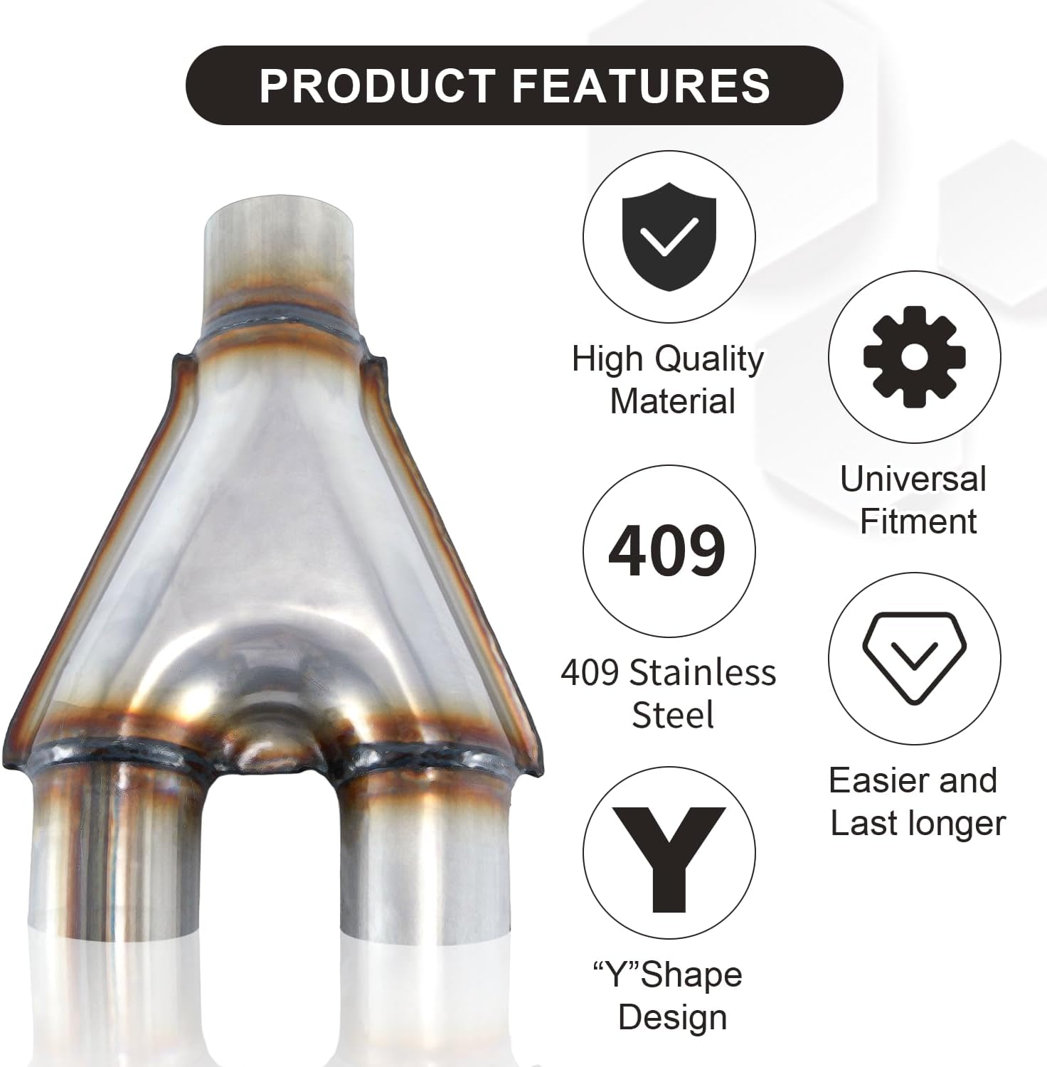 Exhaust Tip 2.5" to 2.5 Y Pipe 409 Stainless Steel Y Pipes Dual Exhaust Adapter Connector 12 Inch Long for Smoother Exhaust, Dual 2.5 Inch Crossover Exhaust Tip (Y Pipe, 2.5" to 2.5")