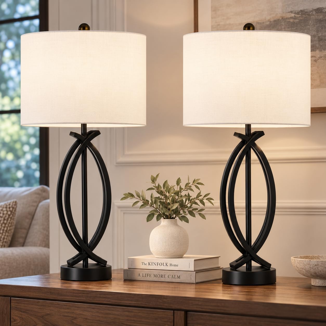 26" Table Lamps Set of 2, Farmhouse Black Lamp for Bedside