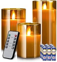 PESOMA Flameless LED Battery Powered Candles Glass Cup | Pillar Candles with Flickering Paraffin Wick | Amber Tinted Glass Set of 3 with Remote Controller-Gifts, Anniversary Special-3 Piece