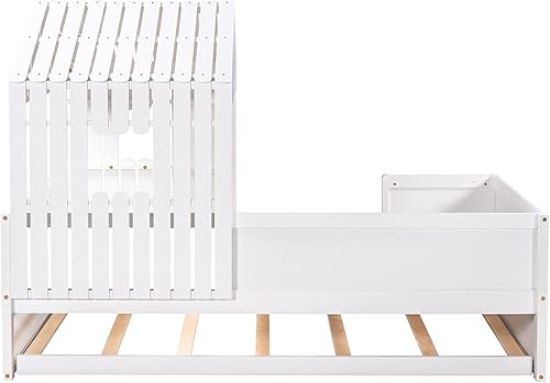 Miniatura 6 de ODC Cama tipo loft con nido tamaño individual marco de cama para niños techo y ventana plataforma de madera maciza con cama nido para niños