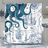 Fungarth Blue Nautical Octopus Shower Curtain Navy Mermaid Funny Ocean Kraken Shower Curtains for Ba