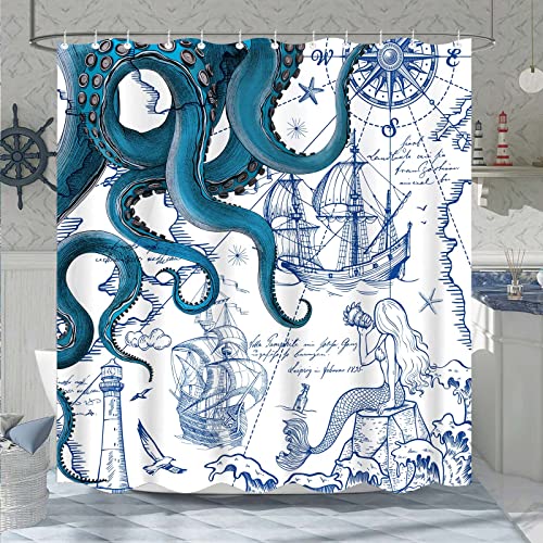 Fungarth Blue Nautical Octopus Shower Curtain Navy Mermaid Funny Ocean Kraken Shower Curtains For Bathroom Cool Anchor Coastal Map Waterproof Fabric Bath Curtain Decor With Hooks (Blue, 72” X 72”) #TOP5