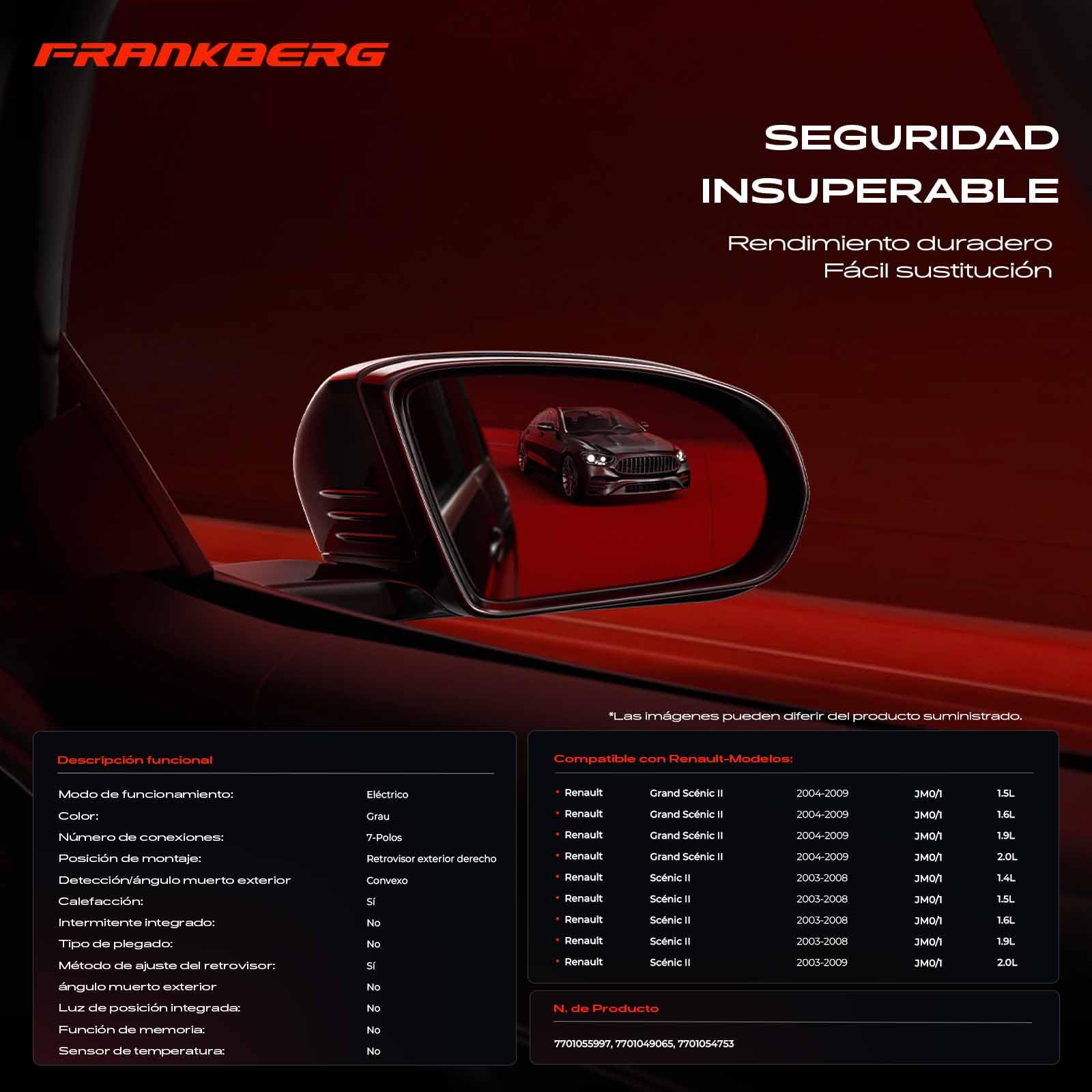 Frankberg Espejo retrovisor exterior eléctrico derecho de 7 Polos.