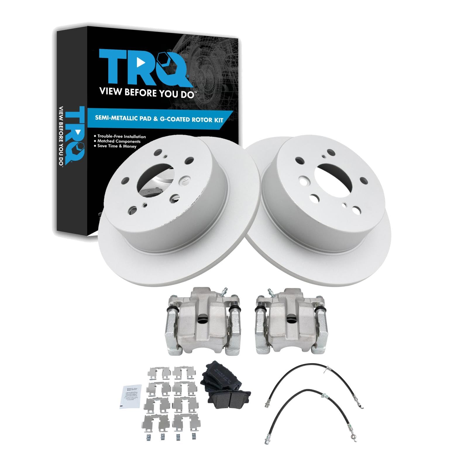 TRQ Rear Brake Pad and Rotor Set Semi Metallic Coated Rotors Calipers Compatible with 2007-2012 Lexus ES350 2008-2012 Toyota Avalon 2007-2011 Camry