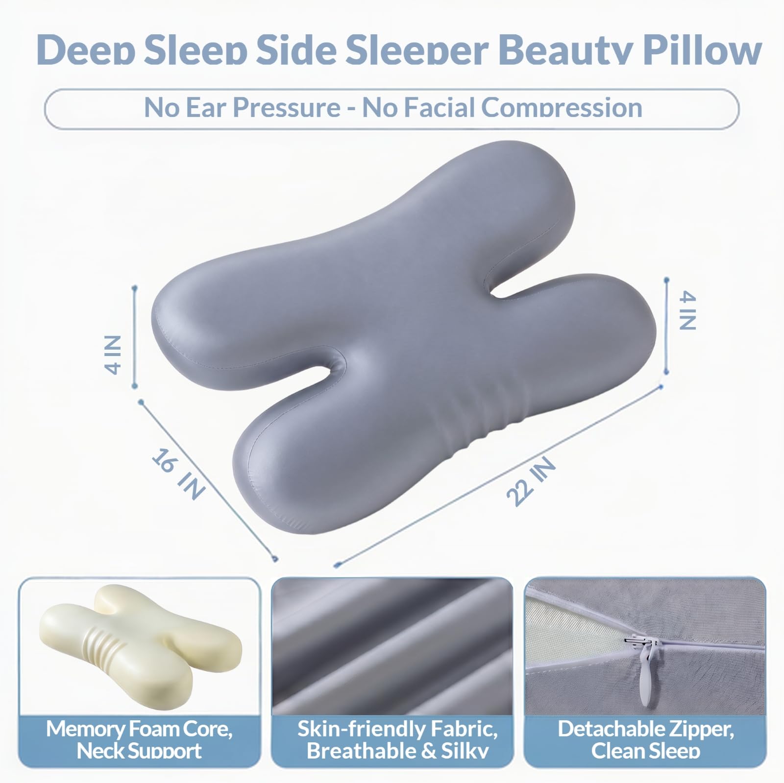 Schönheitskissen Anti-Falten Kissen aus Eisseide, Memory Foam Nackenstützkissen gegen Gesichtsfalten, Hautfreundlich & Kühlend, Ergonomisches Beauty Pillow für Seitenschläfer 55x40x10 cm Blau