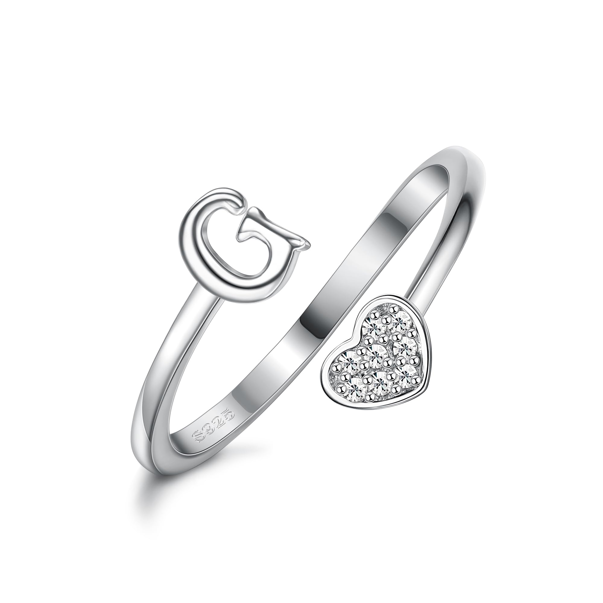 WBDWWTD Anillos de Plata de Ley 925 con Inicial de corazón para Mujeres y niñas, Anillos apilables Ajustables con Letras del Alfabeto chapados en Oro de 18 Quilates para Adolescentes